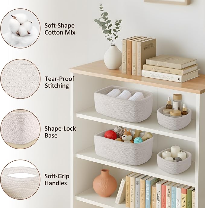5-Pack Small Woven Rope Storage Baskets – 2 Sizes Organizer Bins - Image 3