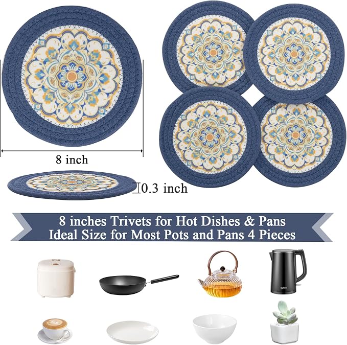 SHACOS 8 Inches Trivets for Hot Dishes, 4 Pieces Cotton and Felt Floral Pattern - Image 3