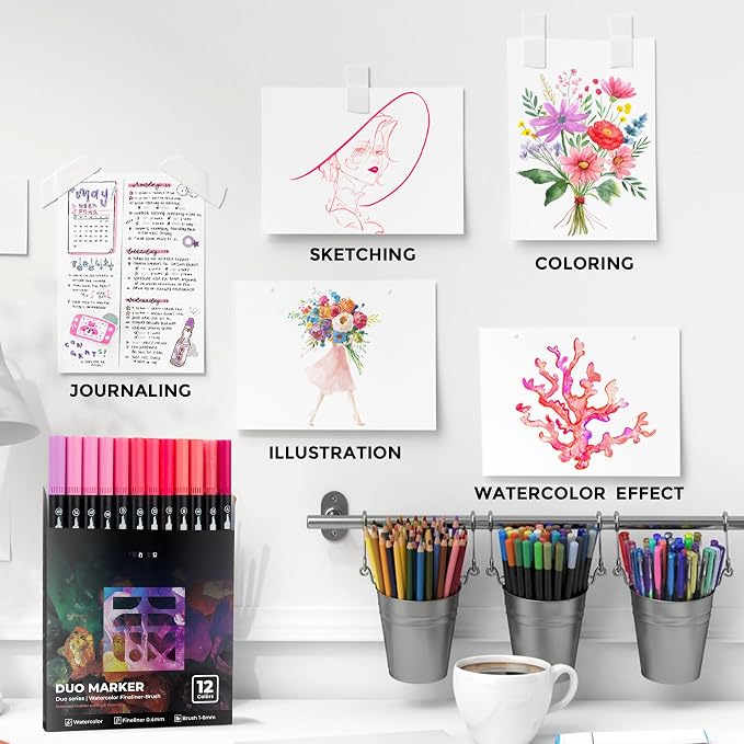 Pink Duo Tip Marker Pens, 12 Pack Fine & Brush Markers - Image 6