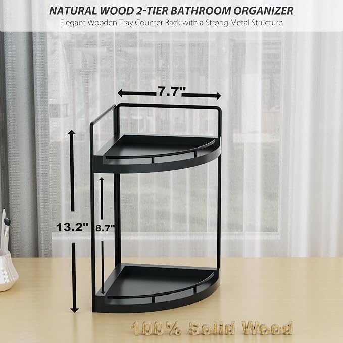 Corner Bathroom Counter Organizer, 2 Tier Wood Vanity Storage, Waterproof - Image 7