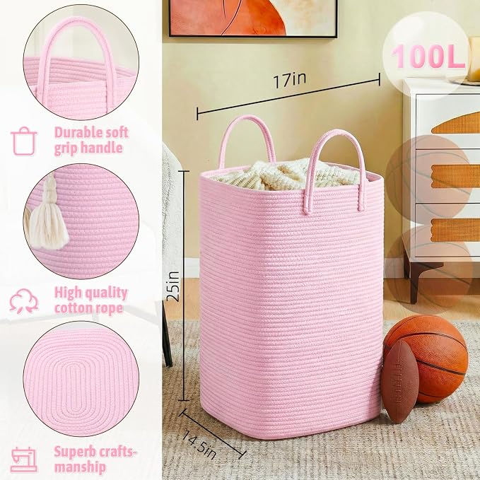 Laundry Basket, Woven Cotton Rope Laundry Hamper, 100L Versatile Storage - Image 2