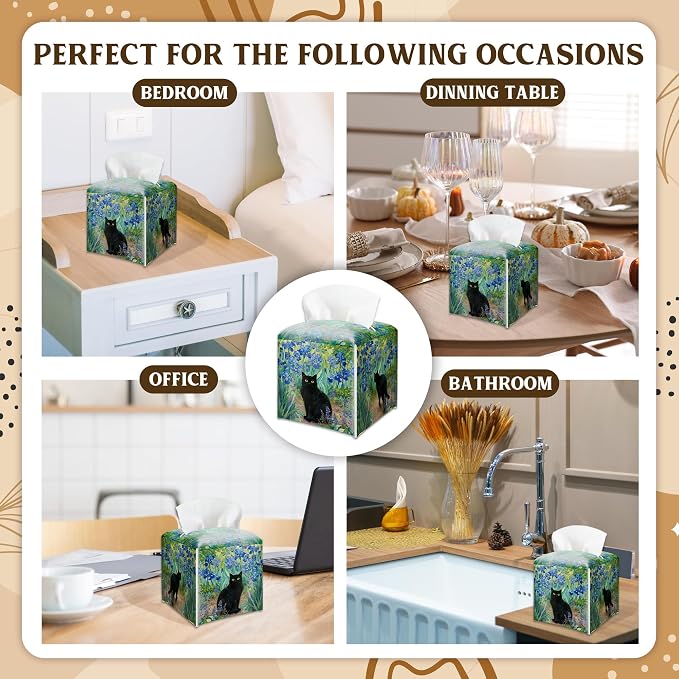 Black Cat & Blue Flowers Design Tissue Box Cover - Image 6