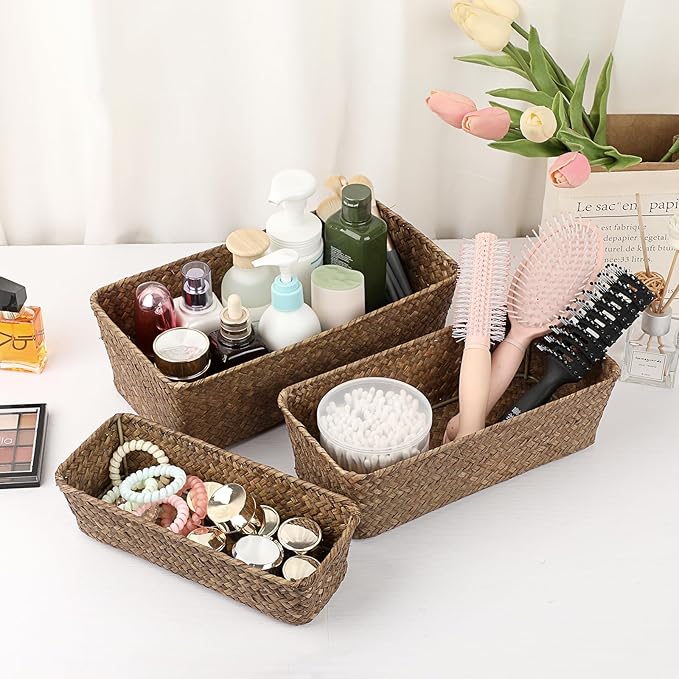 3 Natural Wicker Basket Set Rectangular Handwoven Seagrass Basket Storage Bins - Image 7
