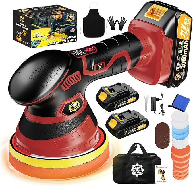 Cordless Car Buffer Polisher kit 6-Speed Orbital Design, LED Display, by Niusken