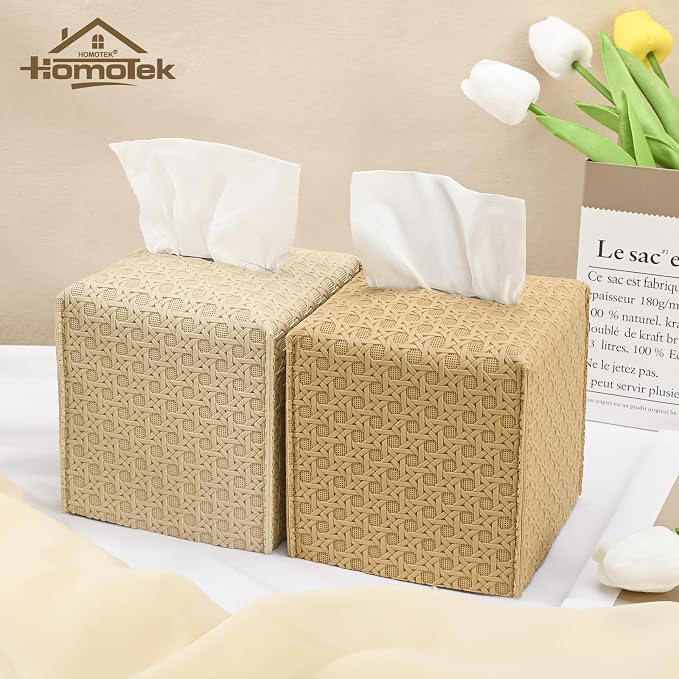 HOMOTEK 2 Pack Tissue Box Cover, Square PU Leather Tissue Holder, Decorative - Image 6