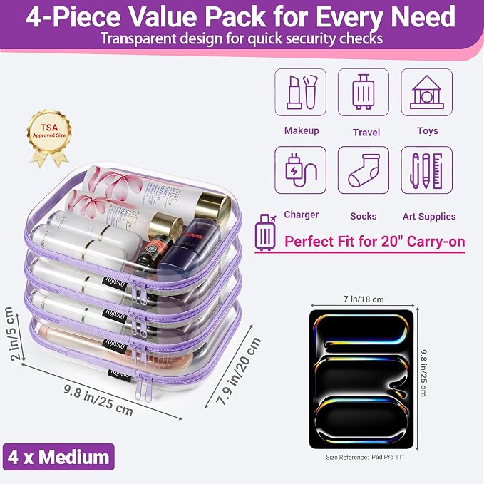 YQBRA 4 Pack Clear Hard Shell Zipper Case, See-Through Hard Plastic Organizer - Image 4