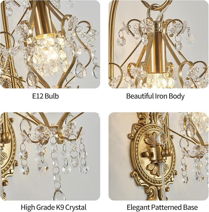 Gold Crystal Vintage Plug in Wall Sconces Set of 2 Indoor Wall Light Fixture - Image 5
