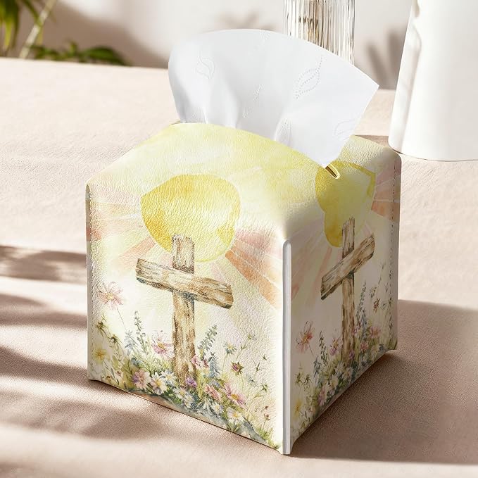 Cross and Wildflowers Tissue Box Cover Square, Religious Easter Waterproof - Image 9