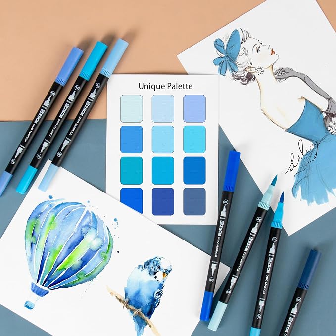 Blue Duo Tip Marker Pens, 12 Pack Fine & Brush Markers - Image 5