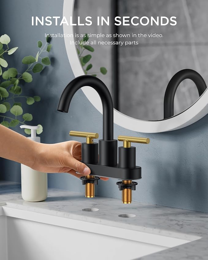 FORIOUS 4 in Black and Gold Bathroom Faucet Centerset, 2 Handle Matte Black - Image 7