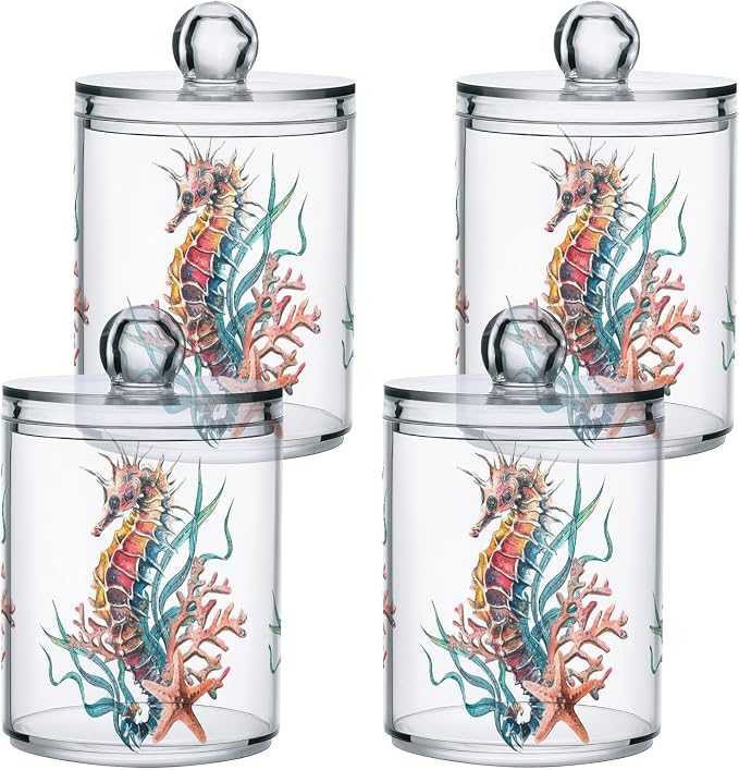 4 Pack Qtip Holder Dispenser Seahorse Starfish Watercolor Ocean Cotton Ball - Image 3