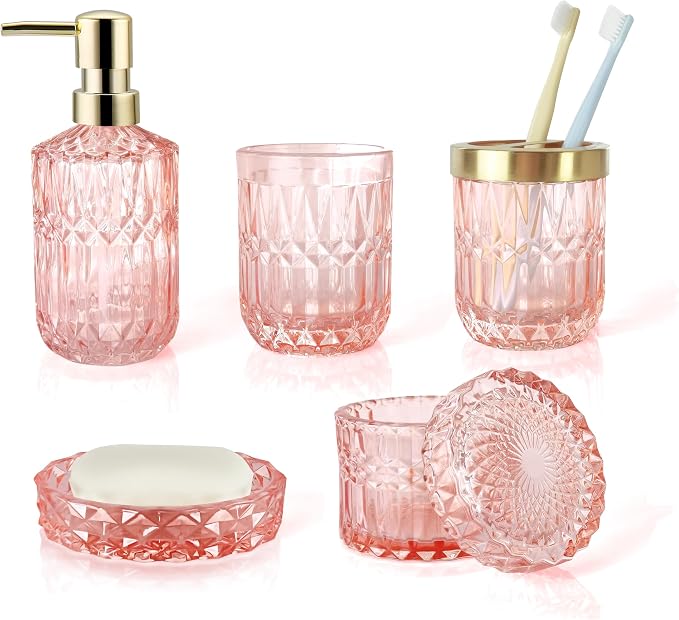 5pcs Clear Glass Bathroom Accessories Set, Crystal Pink Bathroom Decor Set by LaMarriti
