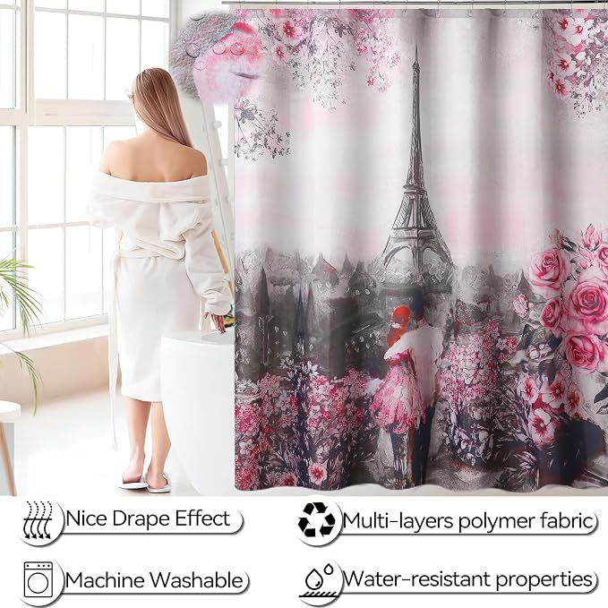 Bathroom Accessories Set with Shower Curtain Bath Rugs Pink Paris Bathroom - Image 6