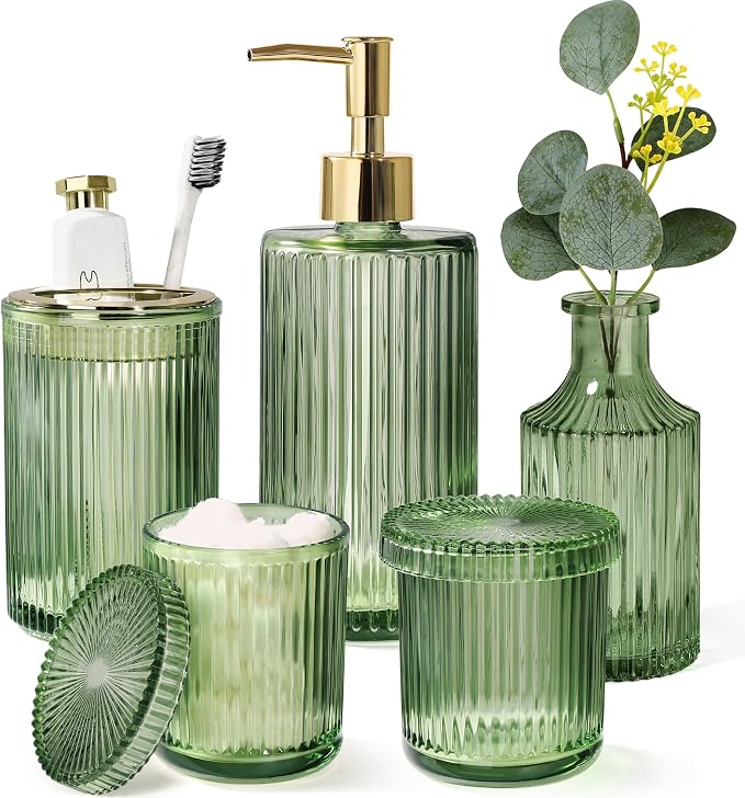 Green Bathroom Accessories 5 Pcs, Glass Bathroom Accessory Set, Vintage Green by ALPIRIRAL