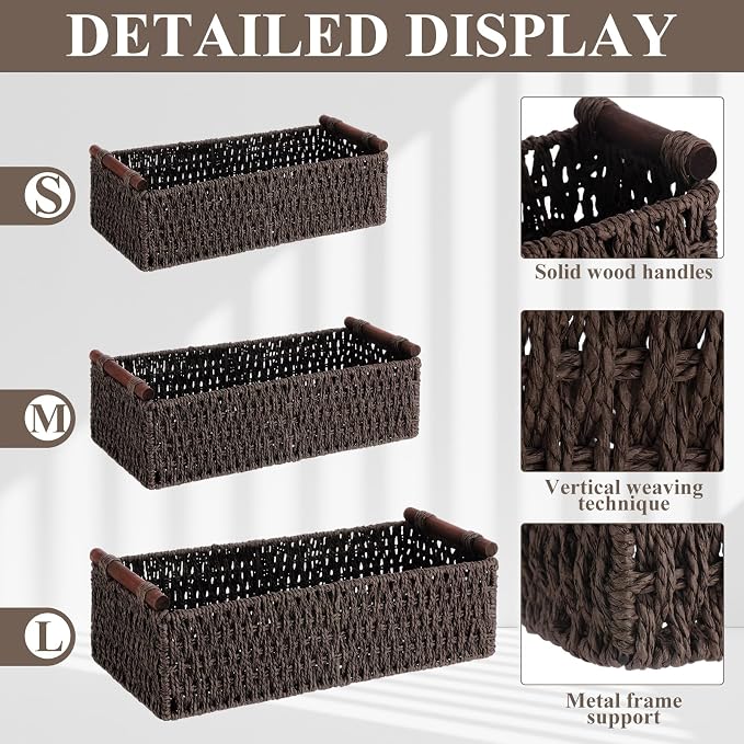 Boao 3 Pcs Boho Storage Wicker Baskets Handmade Woven Decorative Paper Rope - Image 3