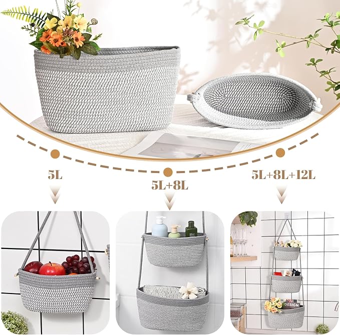 Hanging Storage Baskets, Over the Door Basket, Cotton Wall Baskets Storage - Image 2