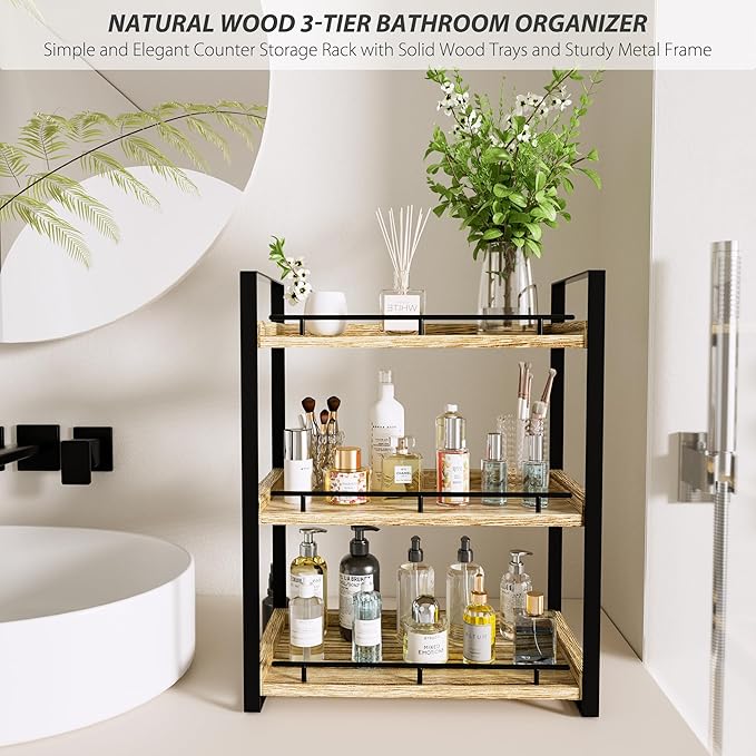 Bathroom Counter Organizer, 3 Tier Wood Countertop Shelf - Image 2