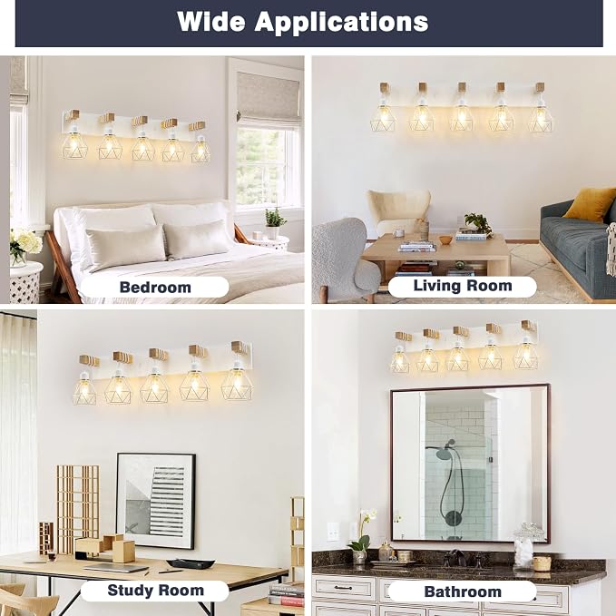 White Bathroom Vanity Light Fixtures, 5-Light Wood Bathroom Light Fixtures Over - Image 6