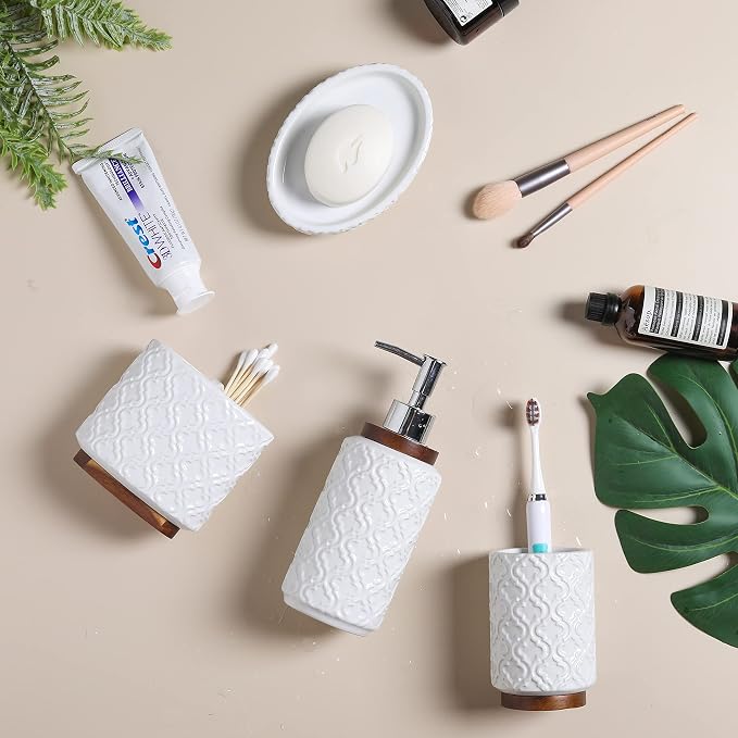 Elegant Bathroom Accessories Set 4 PCS Ceramic and Wood Bathroom Accessory Set - Image 4