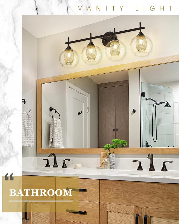 Bathroom Light Fixtures, 4-Light Black and Gold Vanity Lights Over Mirror - Image 4