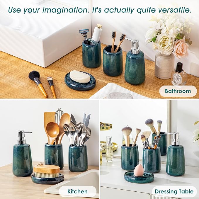 vancasso Green Bathroom Accessories Set, Ceramic Soap Dispenser and Toothbrush - Image 5