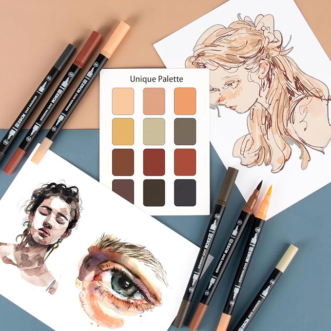 Skin Tone Duo Tip Marker Pens, 12 Pack Fine & Brush Markers - Image 5
