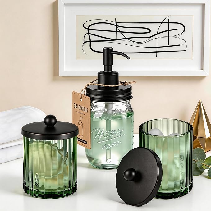 Amolliar Sage Green Glass Apothecary Jar, Qtip Holder Dispenser - Image 8