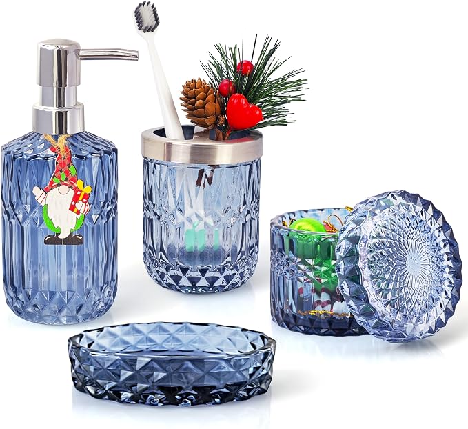 Blue Bathroom Accessories Set, Lotion Soap Dispenser, Toothbrush Holder by LaMarriti