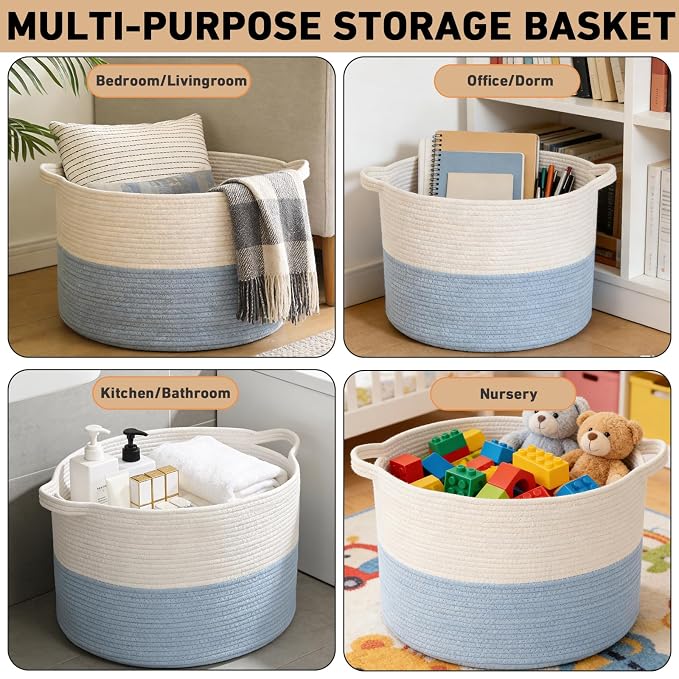 65L Large Blanket Basket, 19.7" L x 19.7" W x 13" H Rope Woven Baskets - Image 5