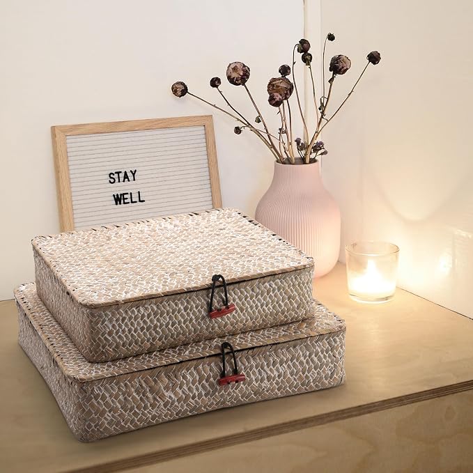 Whitewash Seagrass Basket with Lid Rectangular Decorative Storage Boxes - Image 7