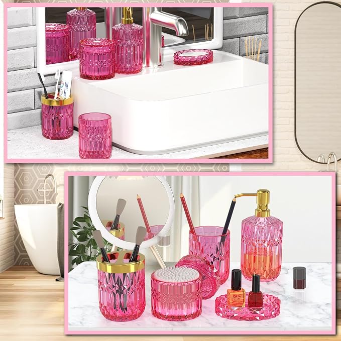 Hot-Pink Glass Bathroom Accessories Set 5 Pcs, Hot-Pink Bathroom Set, Soap - Image 7