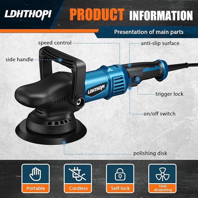 LDHTHOPI Dual Action Polisher, 980W 5/6 Inch, 9MM Random Orbital Buffer Polisher - Image 6