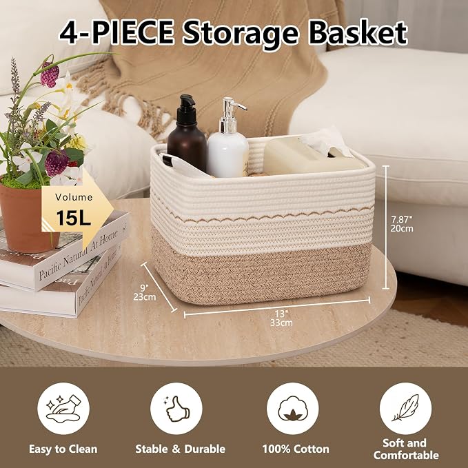 4 Pack Storage Baskets for Organizing, Decorative Cotton Rope Baskets for - Image 3