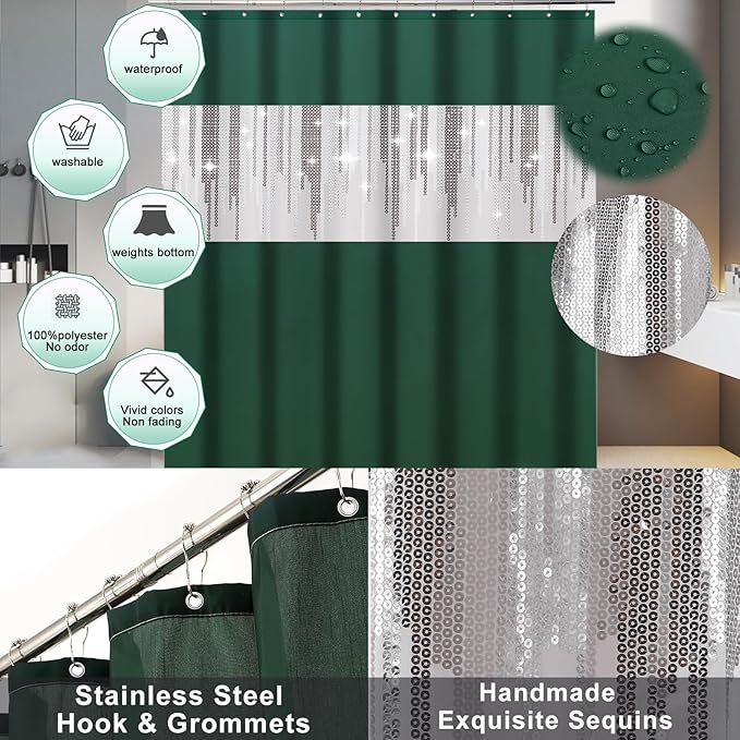 Dark Green Bathroom Sets with Shower Curtain and Rugs, Bathroom Sets Shower - Image 4