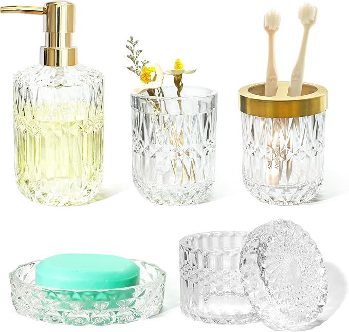 Glass Bathroom Accessories Set, Soap Dispenser, Toothbrush Holder Set, Soap Dish by LaMarriti