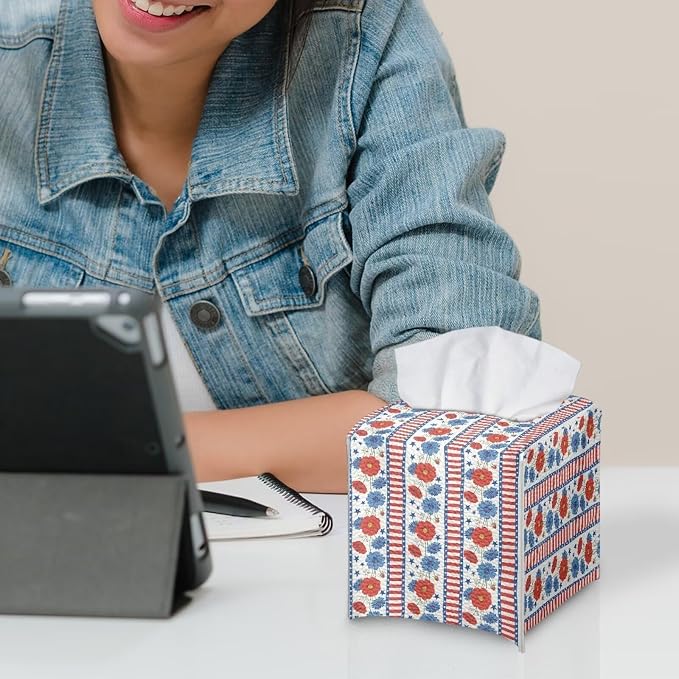 American Flower Tissue Box Holder Square PU Leather Tissue Organizer Case - Image 6