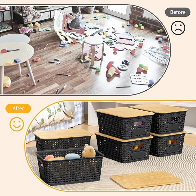 Plastic Storage Baskets with Bamboo Lids and Labels, Stackable Storage - Image 5
