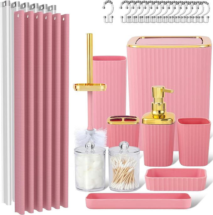 Pink Bathroom Set, Trash Can, Toothbrush Holder, Soap Dispensers, Toothbrush Cup by Viowil