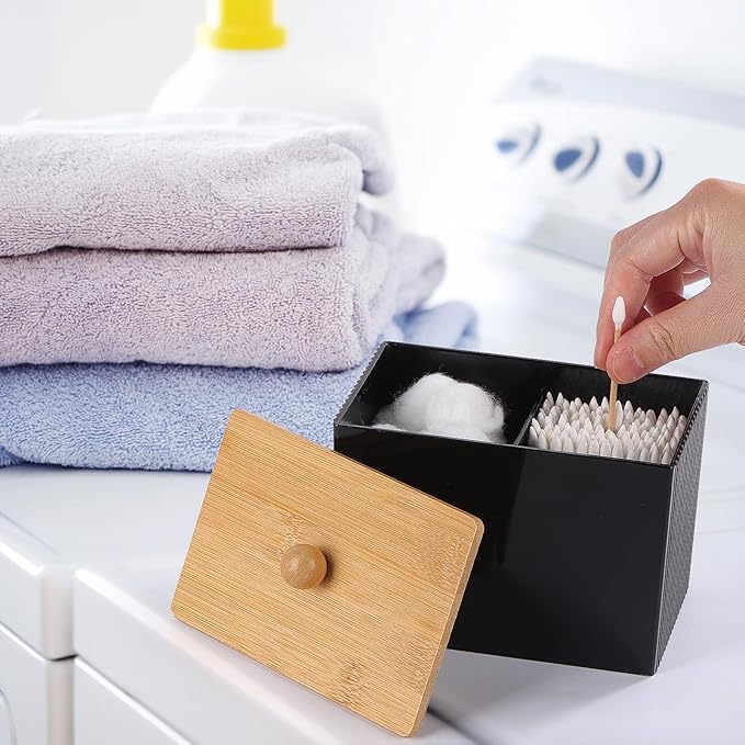 Ohlove Qtip Holder with Bamboo Lids, 3 Compartments Cotton Ball/Swabs Dispenser - Image 2