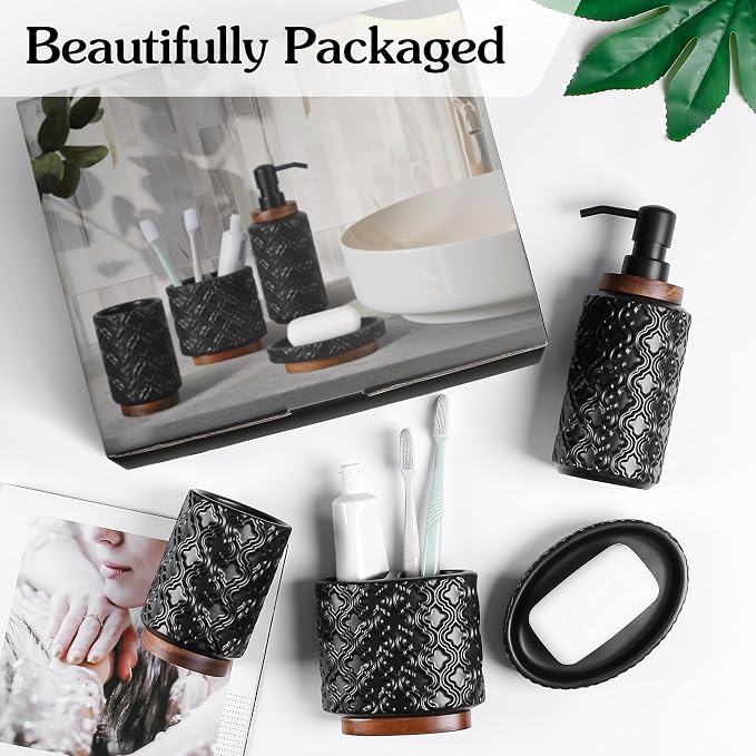 Elegant Bathroom Accessories Set 4 PCS Ceramic and Wood Bathroom Accessory Set - Image 2