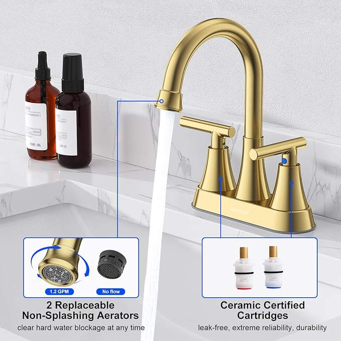 Bathroom Faucets for Sink 3 Hole, Hurran 4 inch Brushed Gold Bathroom Sink - Image 6