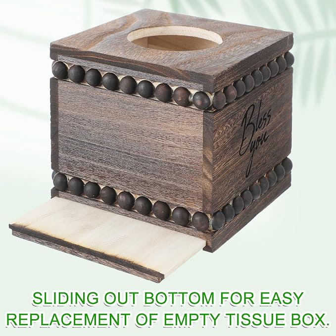 Bless You Beaded Square Tissue Box Cover, Rustic Farmhouse Vintage Wooden - Image 5