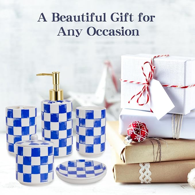Ceramic Bathroom Soap Dispenser Set, Checkered Bathroom Vanity Set - Image 7
