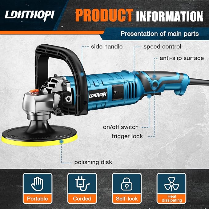 LDHTHOPI Buffer Polisher, 1600W 7 Inch/6 Inch Rotary Buffer Polisher Waxer - Image 5