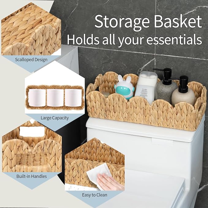 Toilet Tank Basket for Bathroom, Scalloped Edge Wicker Basket for Toilet Paper - Image 8