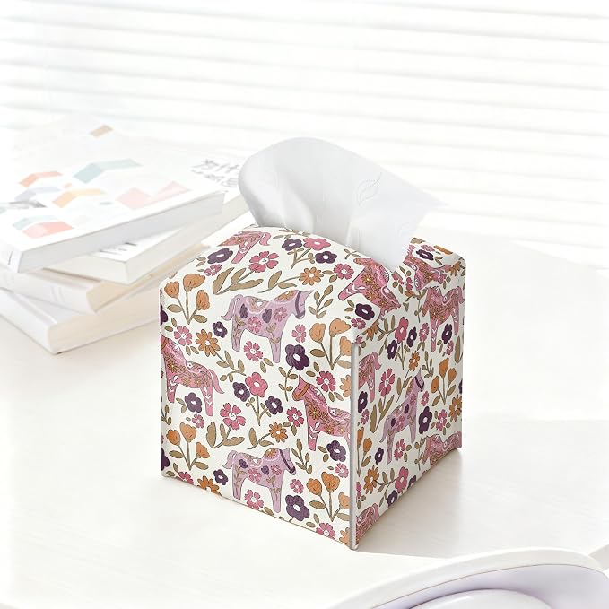 Vintage Floral Horse Tissue Box Cover, Square PU Leather Tissue Holder - Image 4