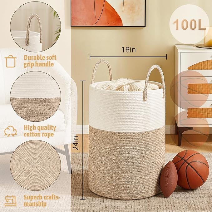 Laundry Basket, Woven Cotton Rope Laundry Hamper, 100L - Image 6