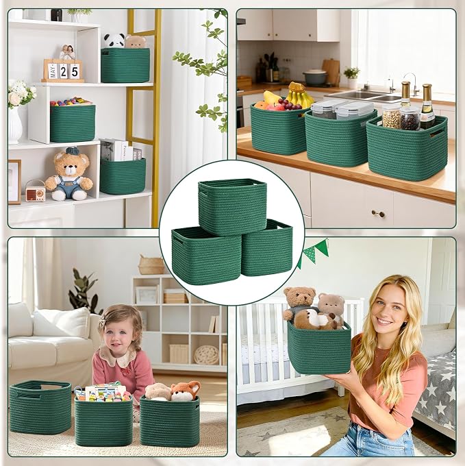 3 Pack Cube Storage Bin, 9”x9”x7” Cotton Rope Woven Baskets - Image 7