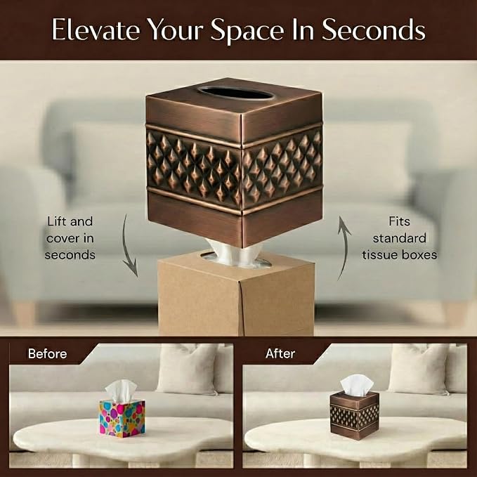Monarch Abode Tissue Box Cover Square – Handcrafted Geo Embossed Antique Copper - Image 6