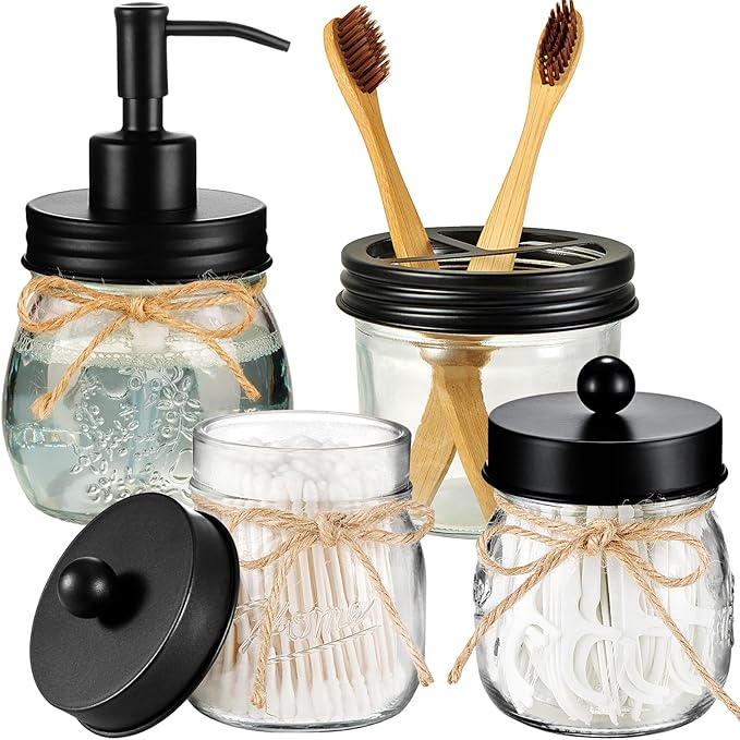 Amolliar Mason Jar Bathroom Accessories Set 4 Pcs -Lotion Soap Dispenser & 2 by Amolliar